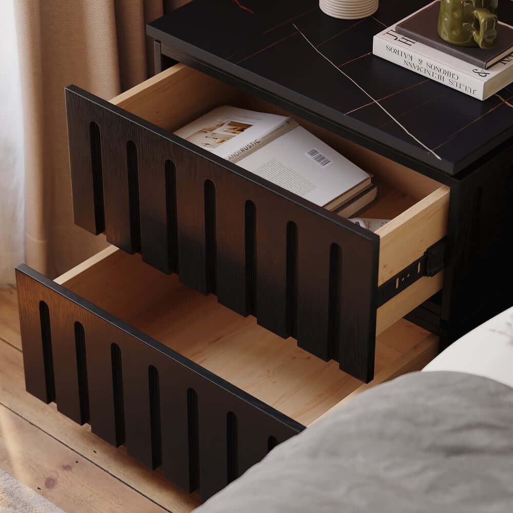 Mid-Century Modern Travertine Nightstand With Drawers