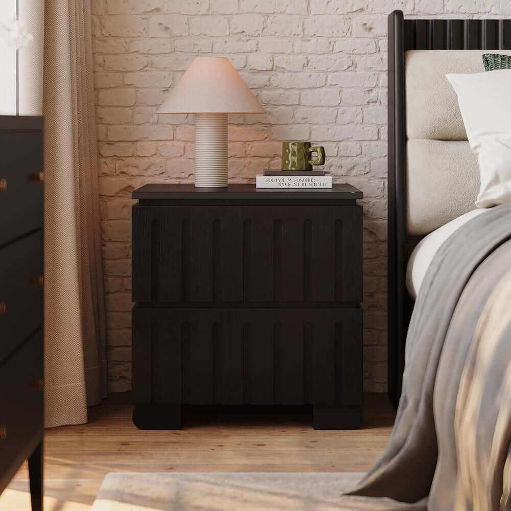 Mid-Century Modern Travertine Nightstand With Drawers