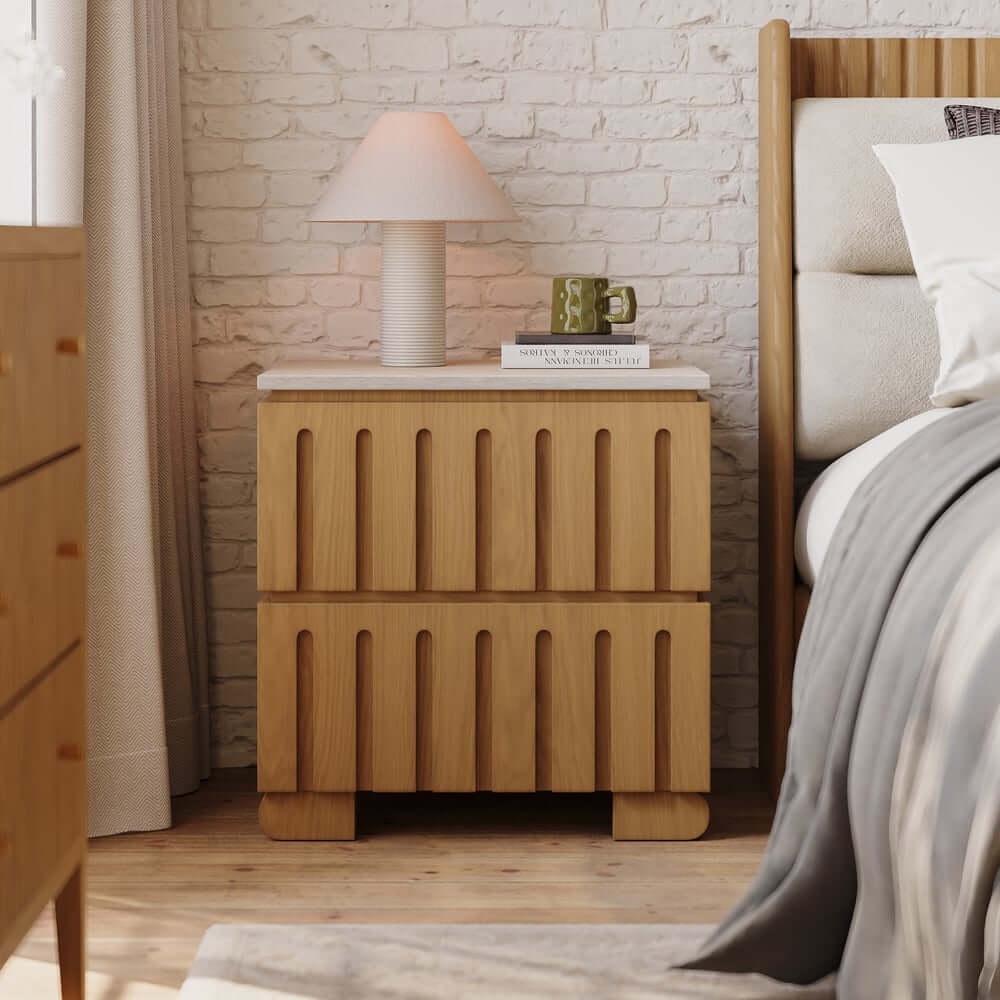 Mid-Century Modern Travertine Nightstand With Drawers