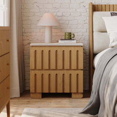 Mid-Century Modern Travertine Nightstand With Drawers