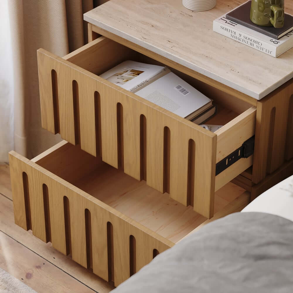 Mid-Century Modern Travertine Nightstand With Drawers