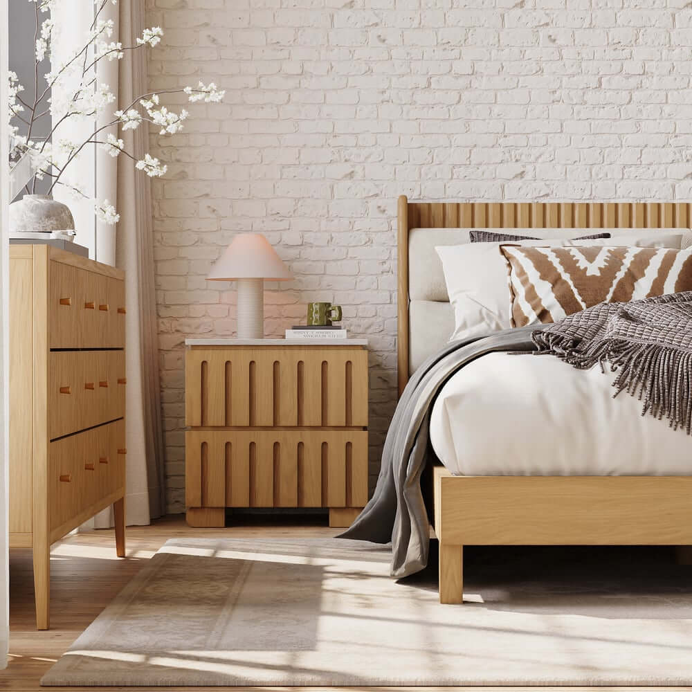 Mid-Century Modern Travertine Nightstand With Drawers