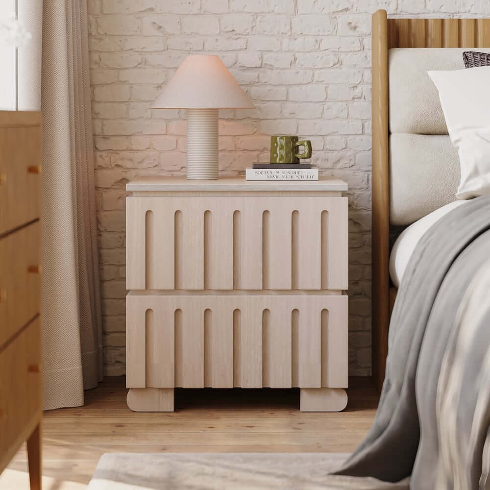 Mid-Century Modern Travertine Nightstand With Drawers