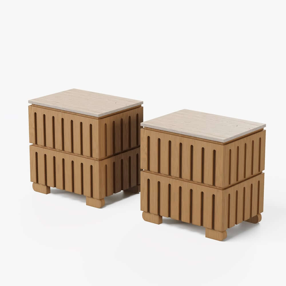 Mid-Century Modern Travertine Nightstand With Drawers