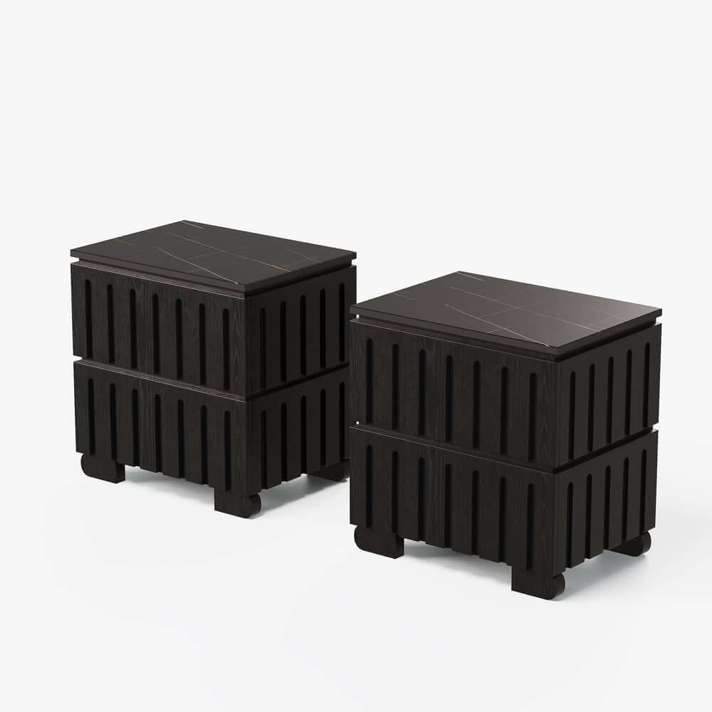 Mid-Century Modern Travertine Nightstand With Drawers