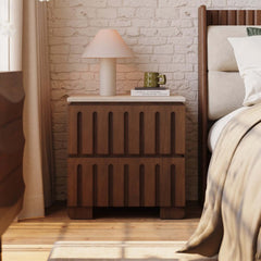 Mid-Century Modern Travertine Nightstand With Drawers