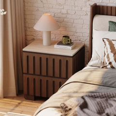 Mid-Century Modern Travertine Nightstand With Drawers