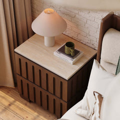 Mid-Century Modern Travertine Nightstand With Drawers