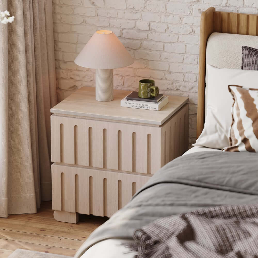 Mid-Century Modern Travertine Nightstand With Drawers