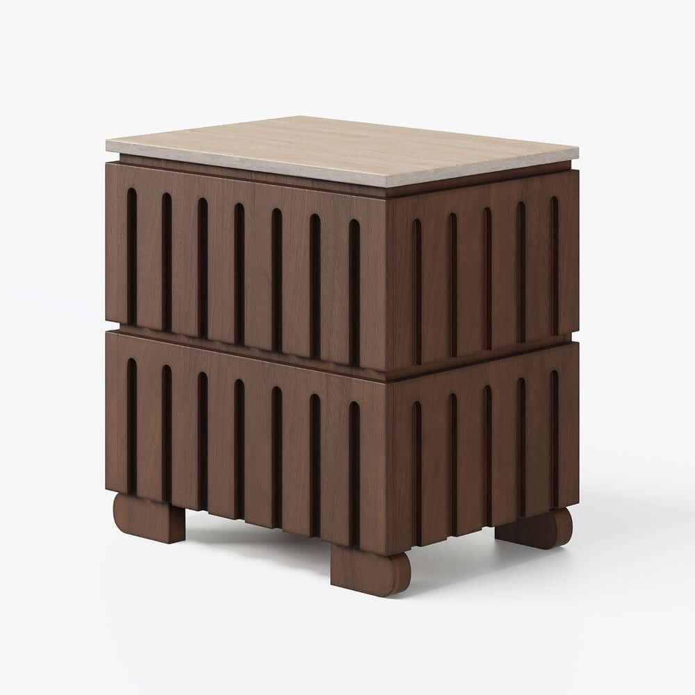 Mid-Century Modern Travertine Nightstand With Drawers