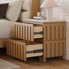 Mid-Century Modern Travertine Nightstand With Drawers