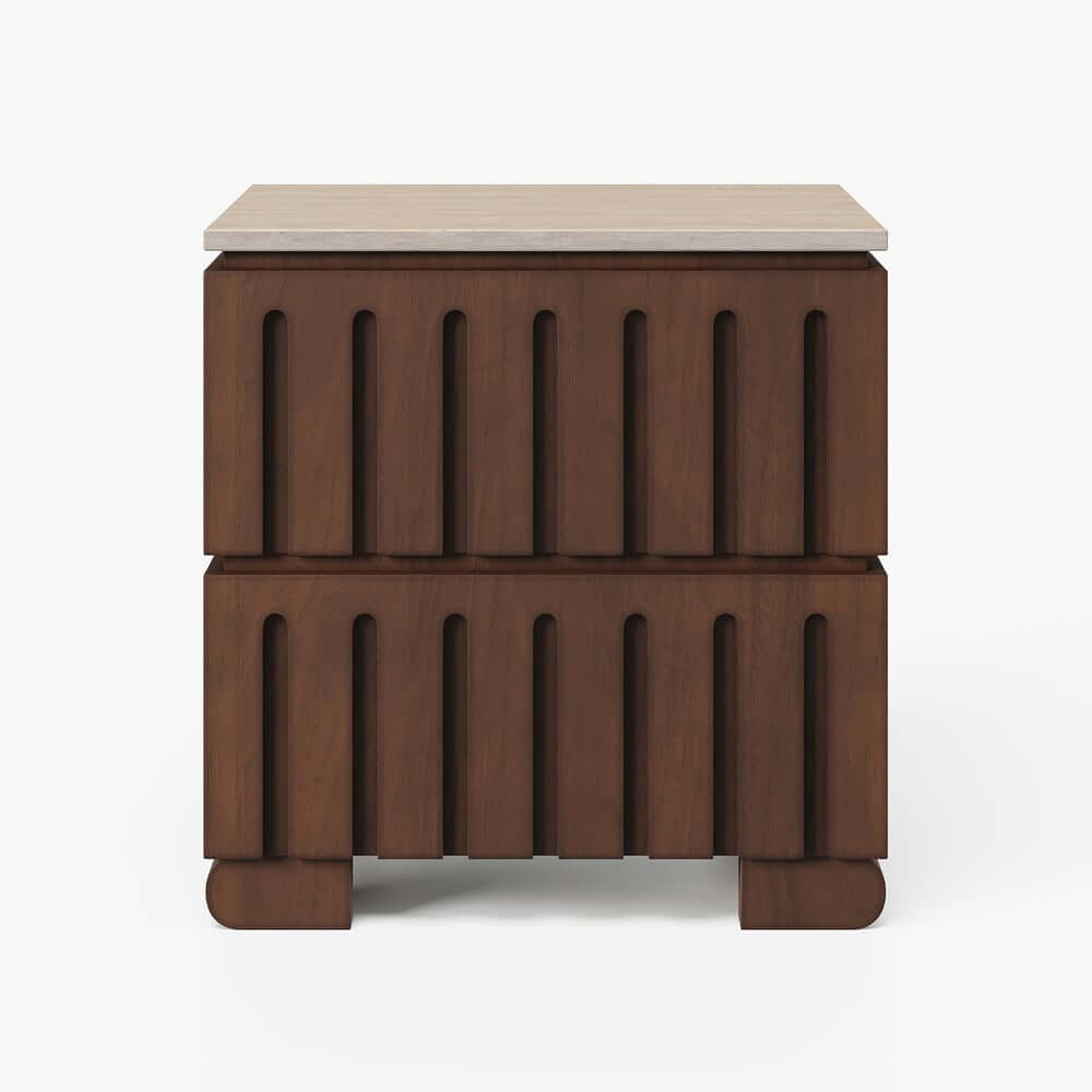 Mid-Century Modern Travertine Nightstand With Drawers