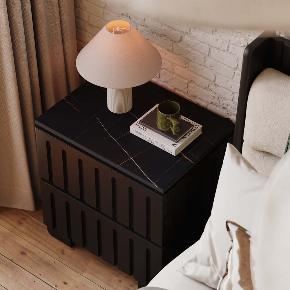 Mid-Century Modern Travertine Nightstand With Drawers