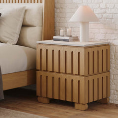 Mid-Century Modern Travertine Nightstand With Drawers Main Product Image