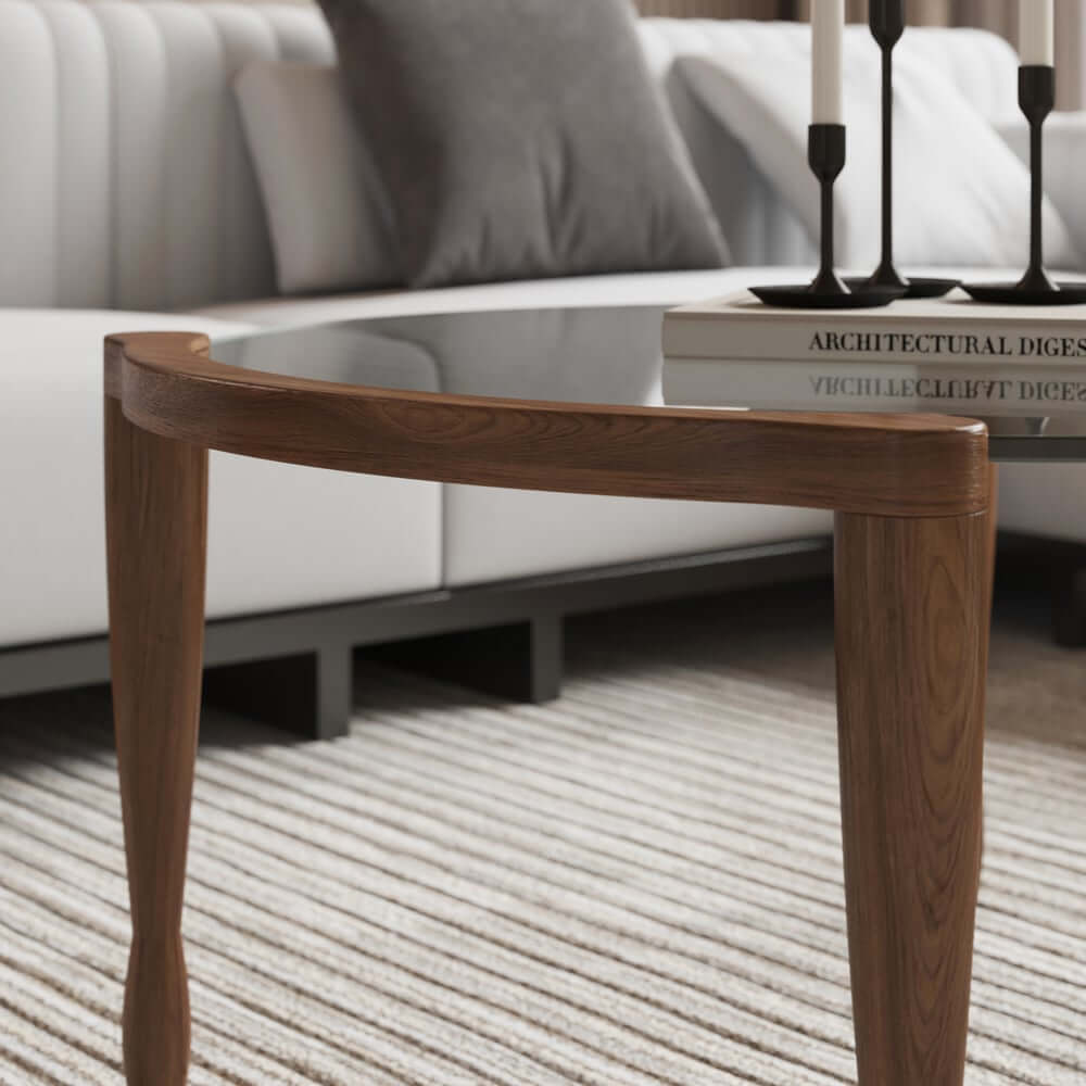 Mid-Century Modern Walnut Glass Round Coffee Table