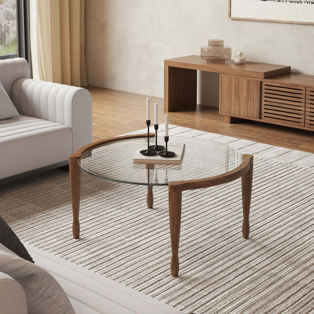 Mid-Century Modern Walnut Glass Round Coffee Table