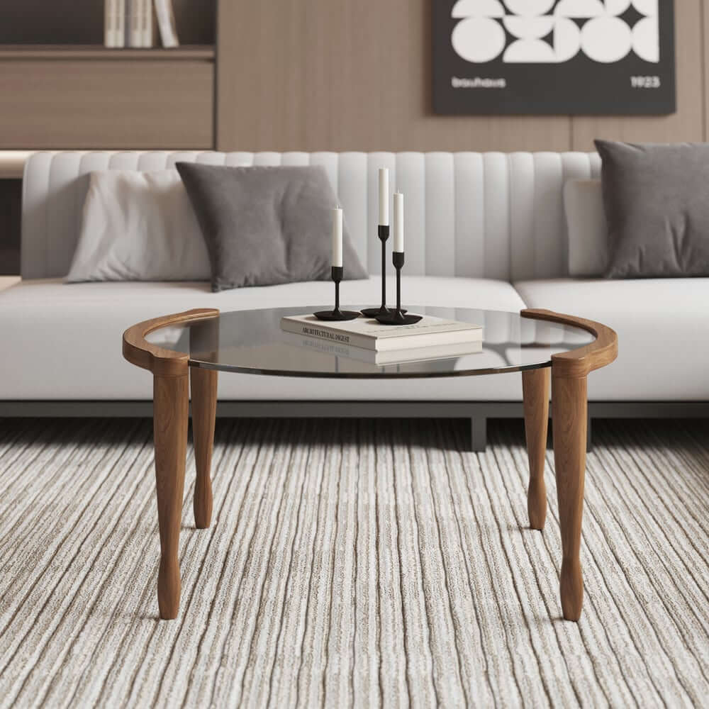Mid-Century Modern Walnut Glass Round Coffee Table