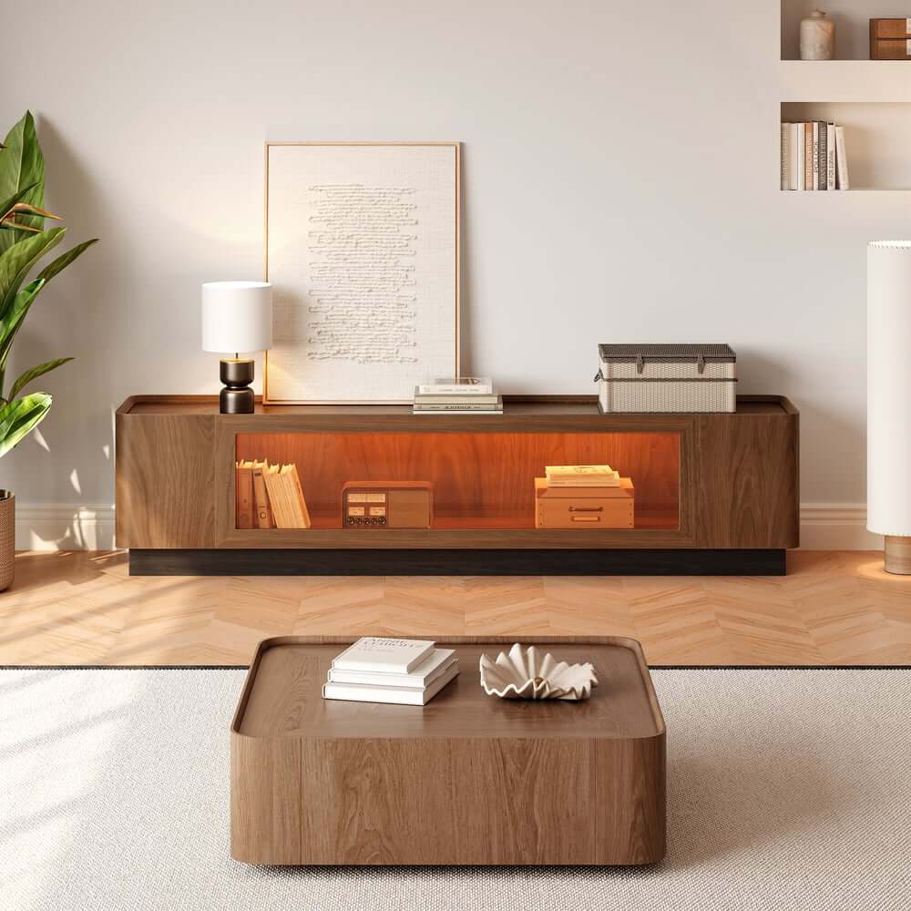 Mid-Century Modern Walnut TV Stand with LED Lighting