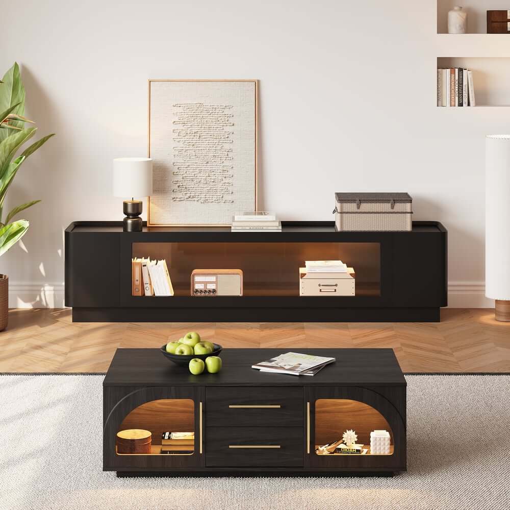 Mid-Century Modern Walnut TV Stand with LED Lighting