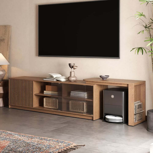 Mid-Century Modern Walnut TV Stand With Sliding Doors