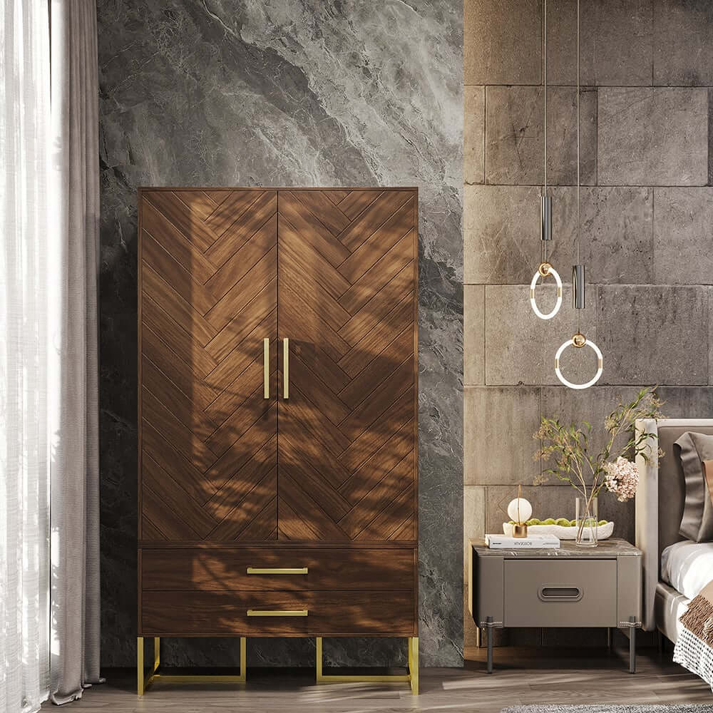 Mid-Century Modern Walnut Wardrobe with Herringbone Doors