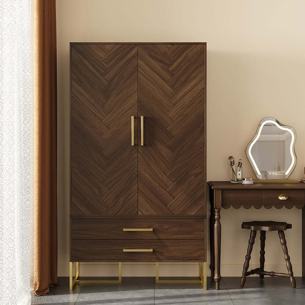 Mid-Century Modern Walnut Wardrobe with Herringbone Doors Main Product Image
