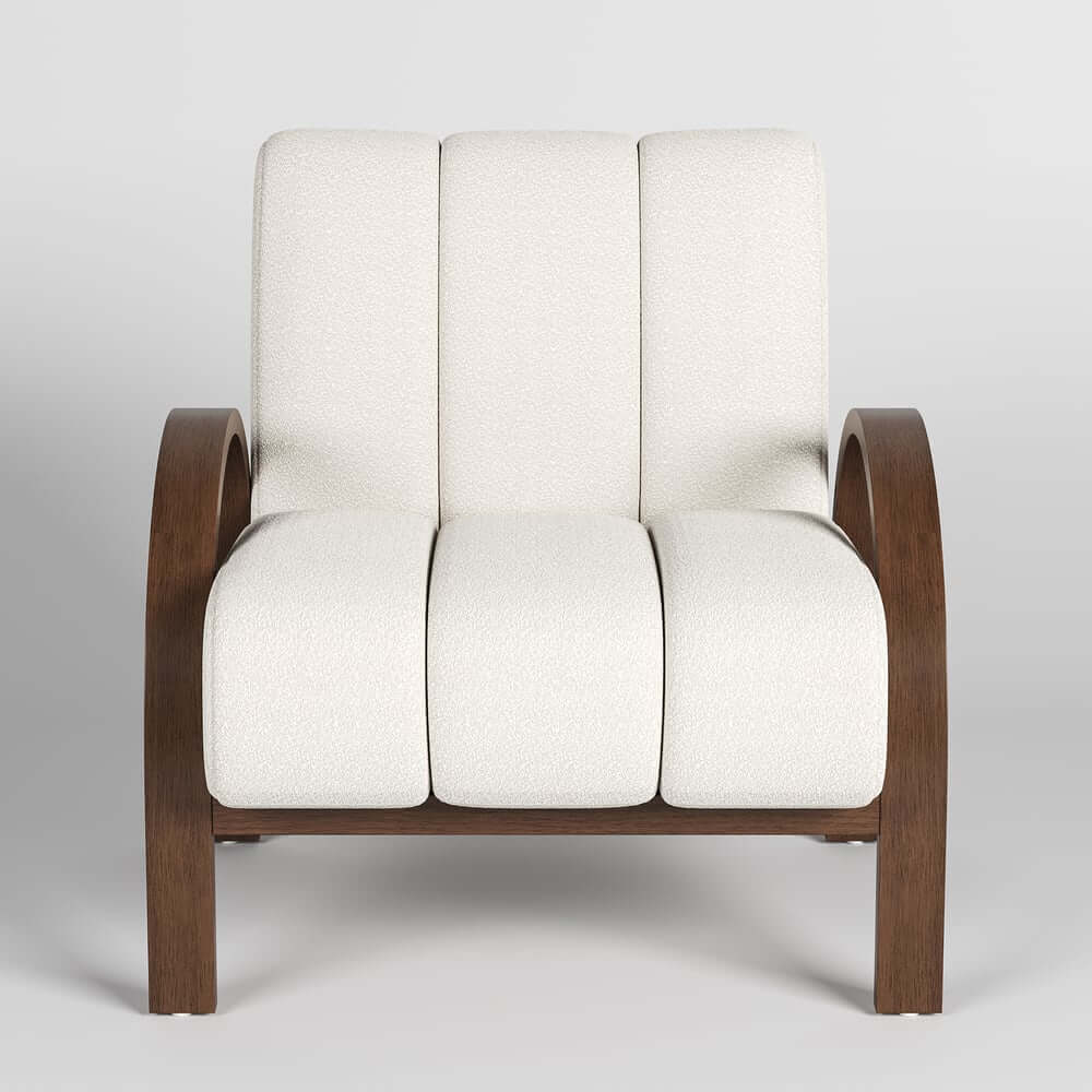 Mid-Century Modern White Boucle Armchair With Rolled Arms