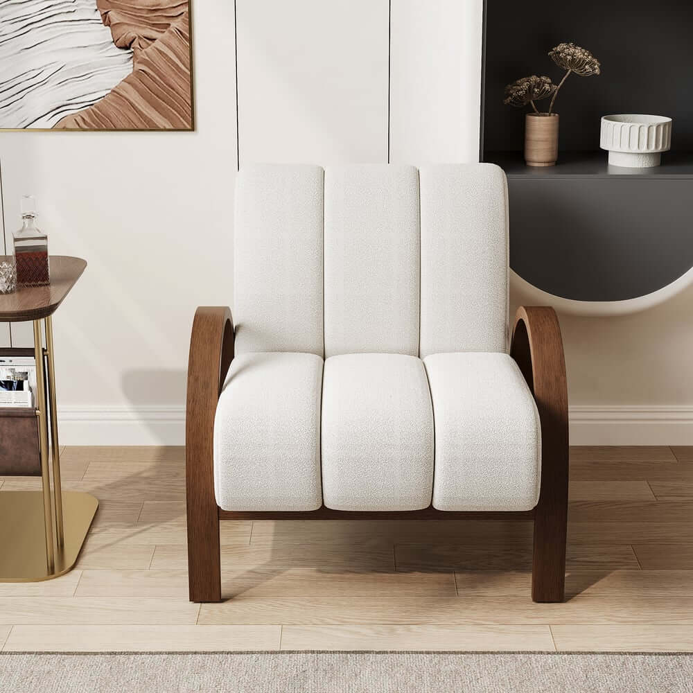 Mid-Century Modern White Boucle Armchair With Rolled Arms