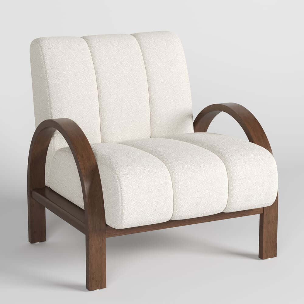 Mid-Century Modern White Boucle Armchair With Rolled Arms