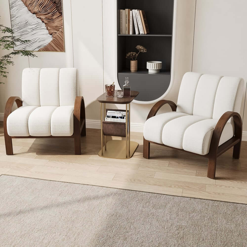 Mid-Century Modern White Boucle Armchair With Rolled Arms