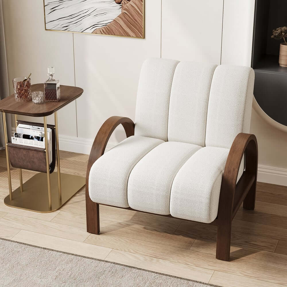 Mid-Century Modern White Boucle Armchair With Rolled Arms Main Product Image