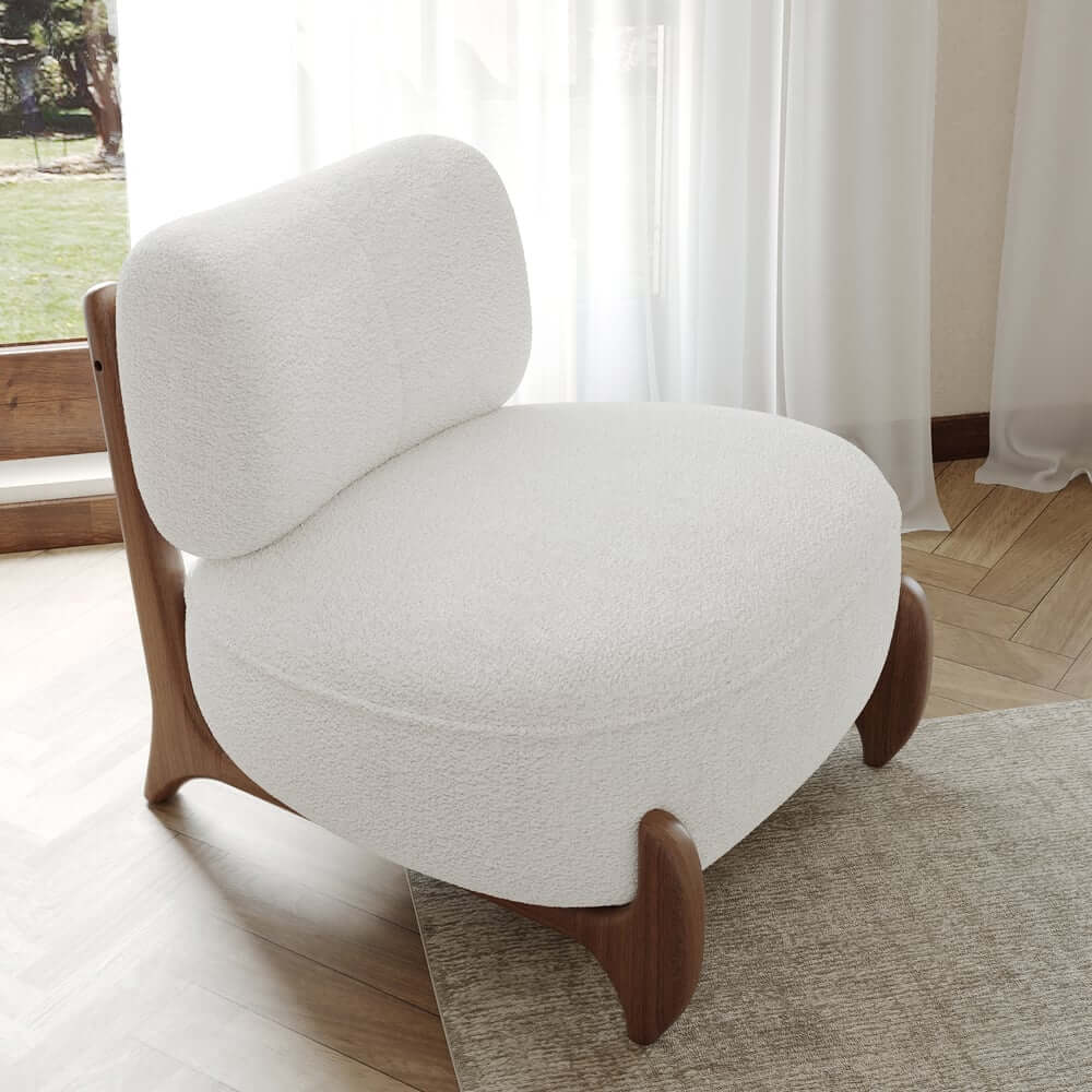 Mid-Century Modern White Boucle Upholstered Side Chair