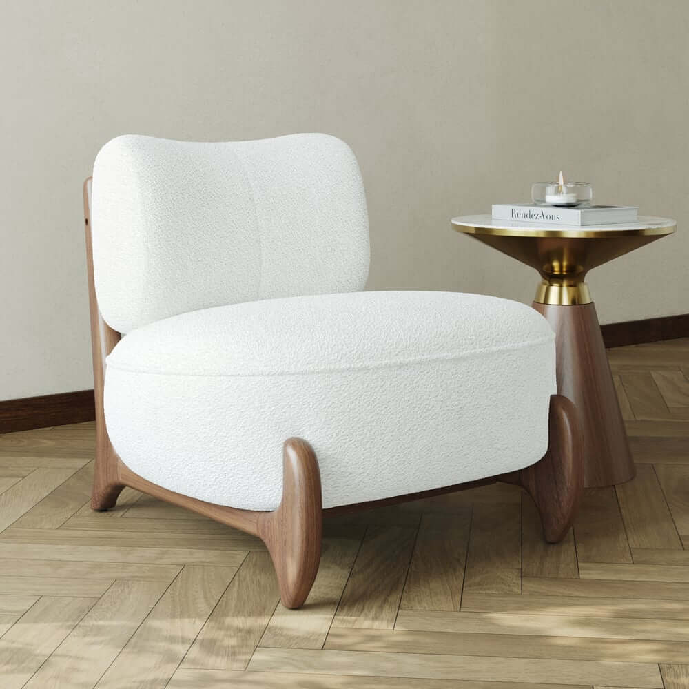 Mid-Century Modern White Boucle Upholstered Side Chair
