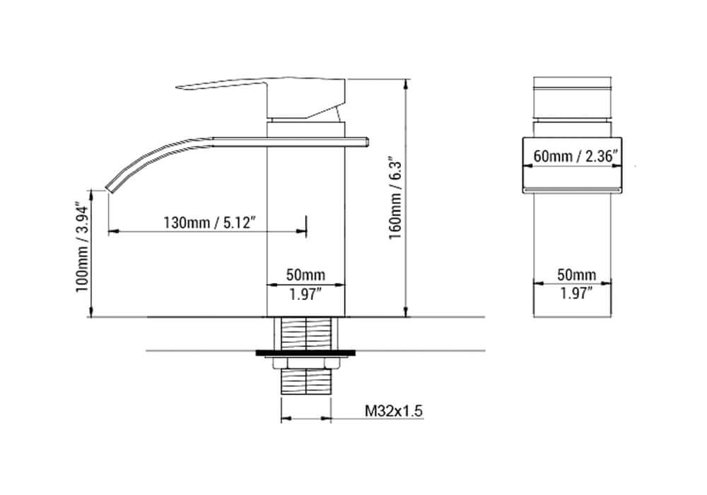 Milly Modern Brass Waterfall Bathroom Faucet with Lever Handle Dimensions