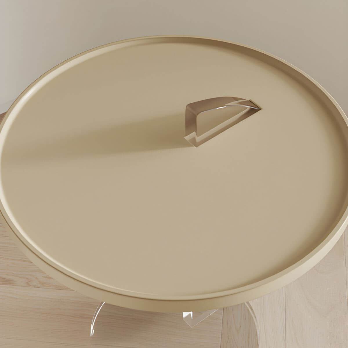 Minimalist Round End Table with Wood Top and Clear Support