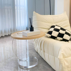 Minimalist Round End Table with Wood Top and Clear Support