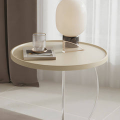 Minimalist Round End Table with Wood Top and Clear Support