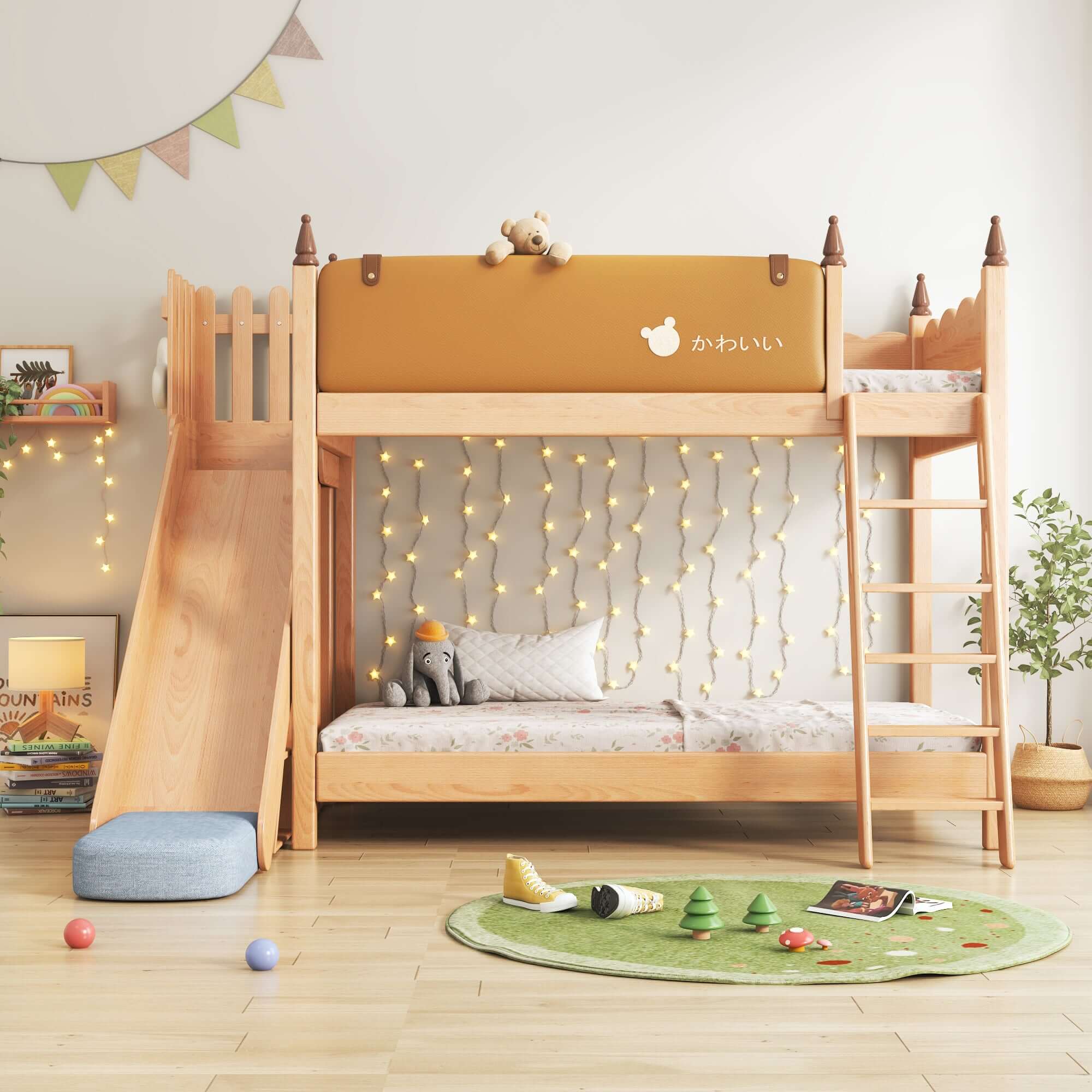 Minimalist Solid Wood Bunk Bed with Slide, Storage & Removable Tent