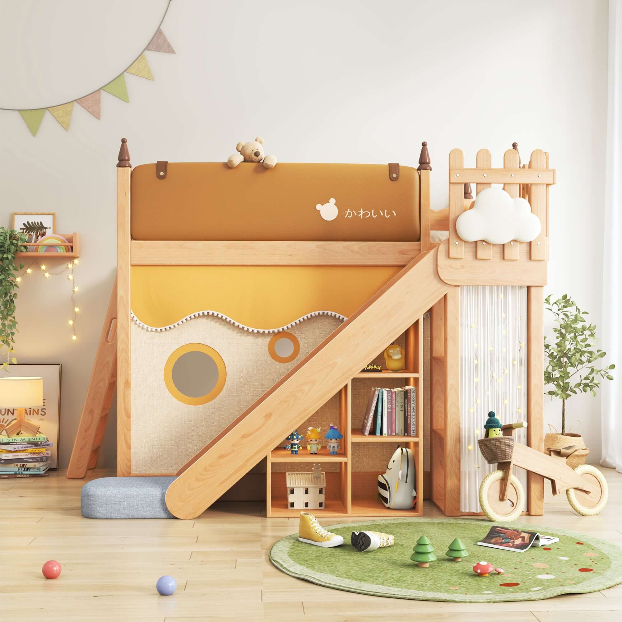 Minimalist Solid Wood Bunk Bed with Slide, Storage & Removable Tent