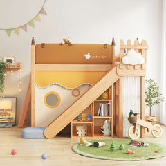 Minimalist Solid Wood Bunk Bed with Slide, Storage & Removable Tent