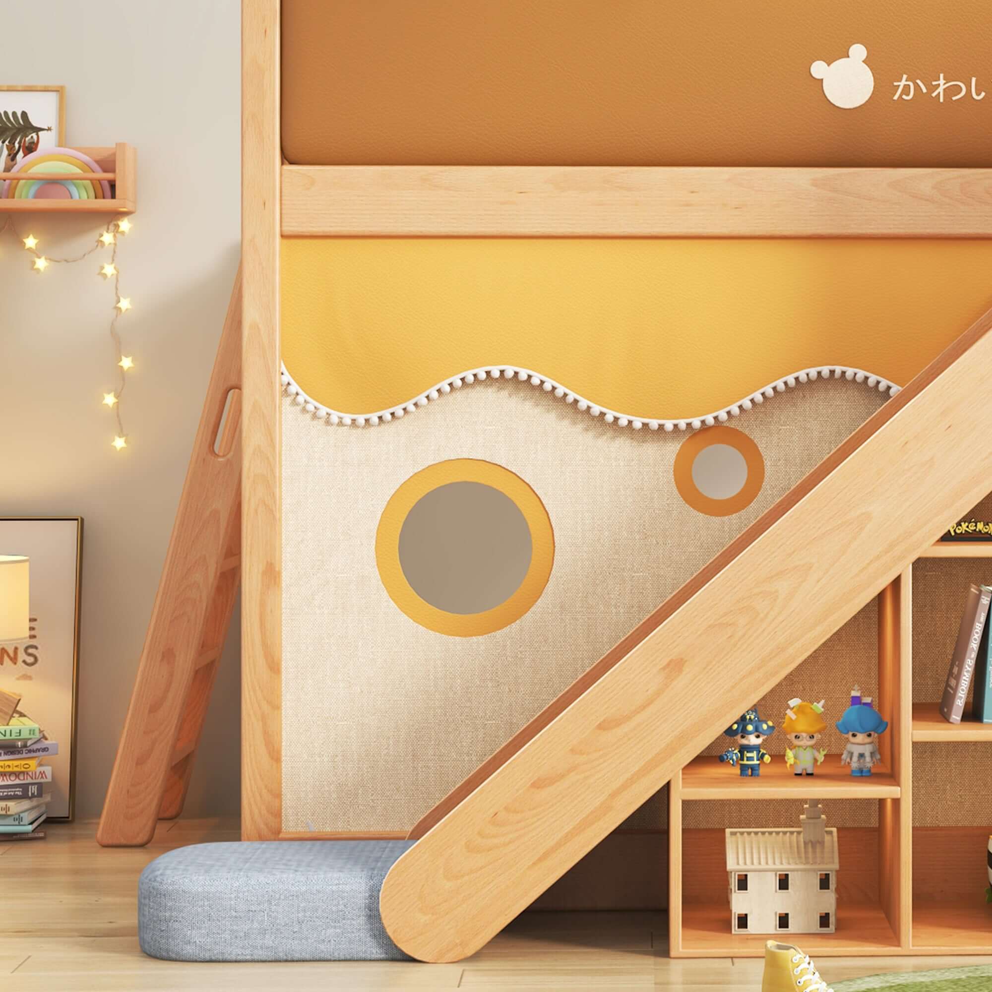 Minimalist Solid Wood Bunk Bed with Slide, Storage & Removable Tent