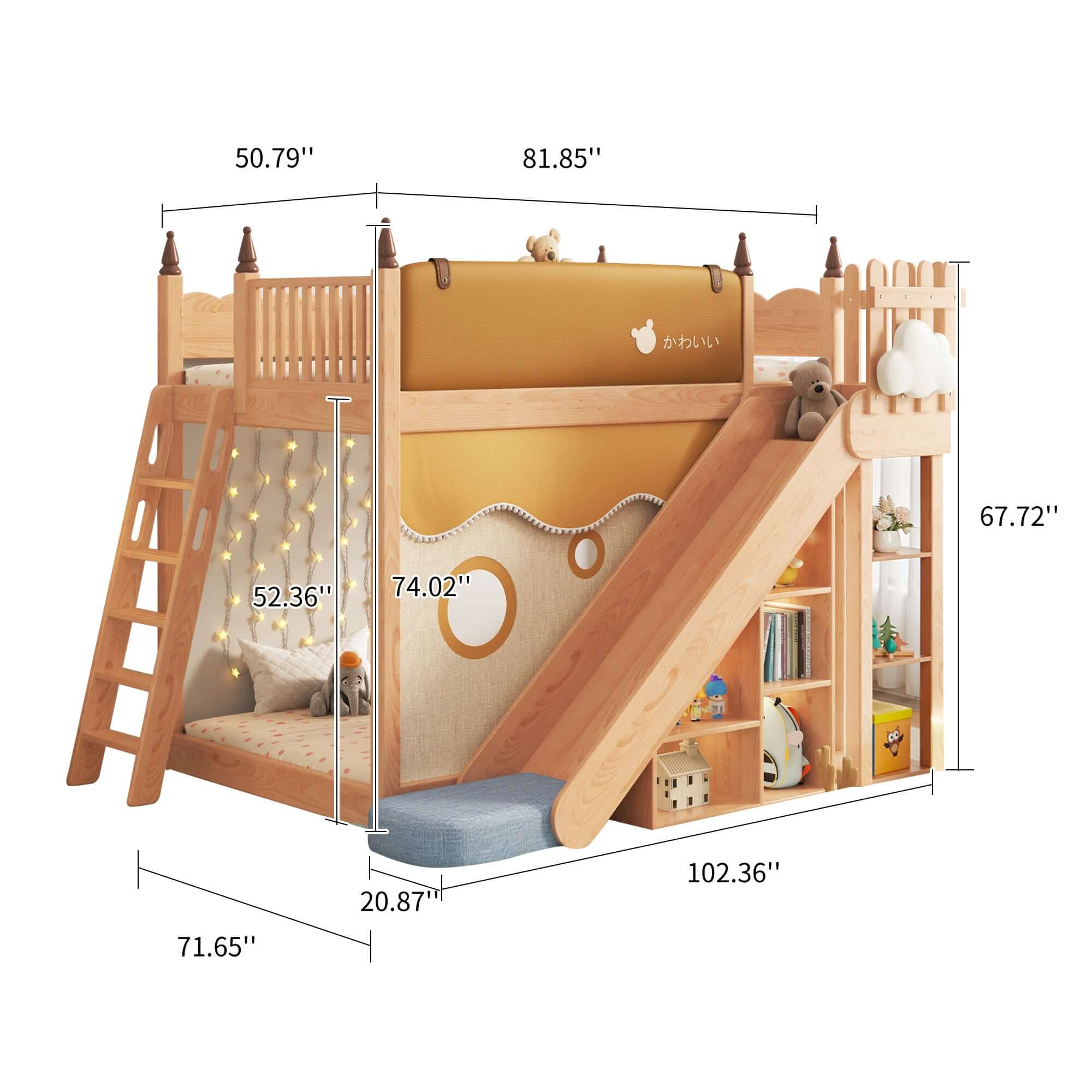 Minimalist Solid Wood Bunk Bed with Slide, Storage & Removable Tent