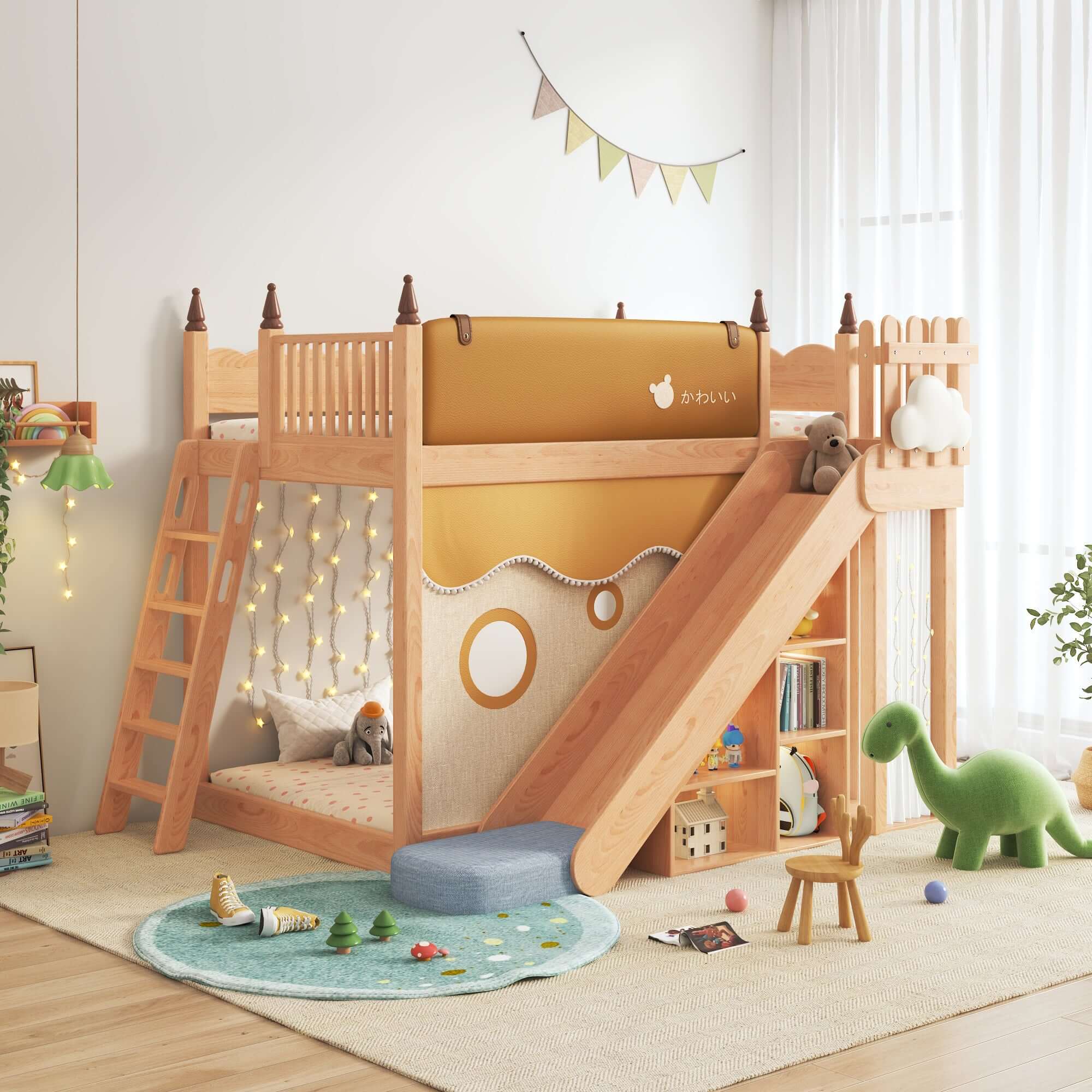 Minimalist Solid Wood Bunk Bed with Slide, Storage & Removable Tent Main Product Image