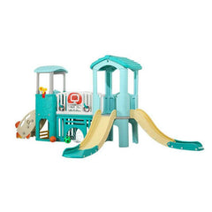 Mint Green Dual-Tower Playset with Basketball Hoop and Twin Slides