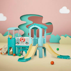 Mint Green Dual-Tower Playset with Basketball Hoop and Twin Slides