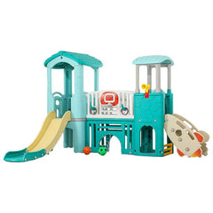 Mint Green Dual-Tower Playset with Basketball Hoop and Twin Slides