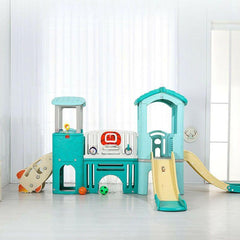 Mint Green Dual-Tower Playset with Basketball Hoop and Twin Slides