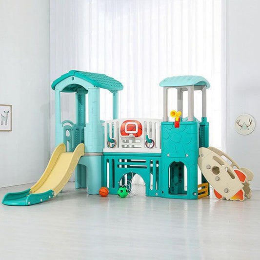 Mint Green Dual-Tower Playset with Basketball Hoop and Twin Slides