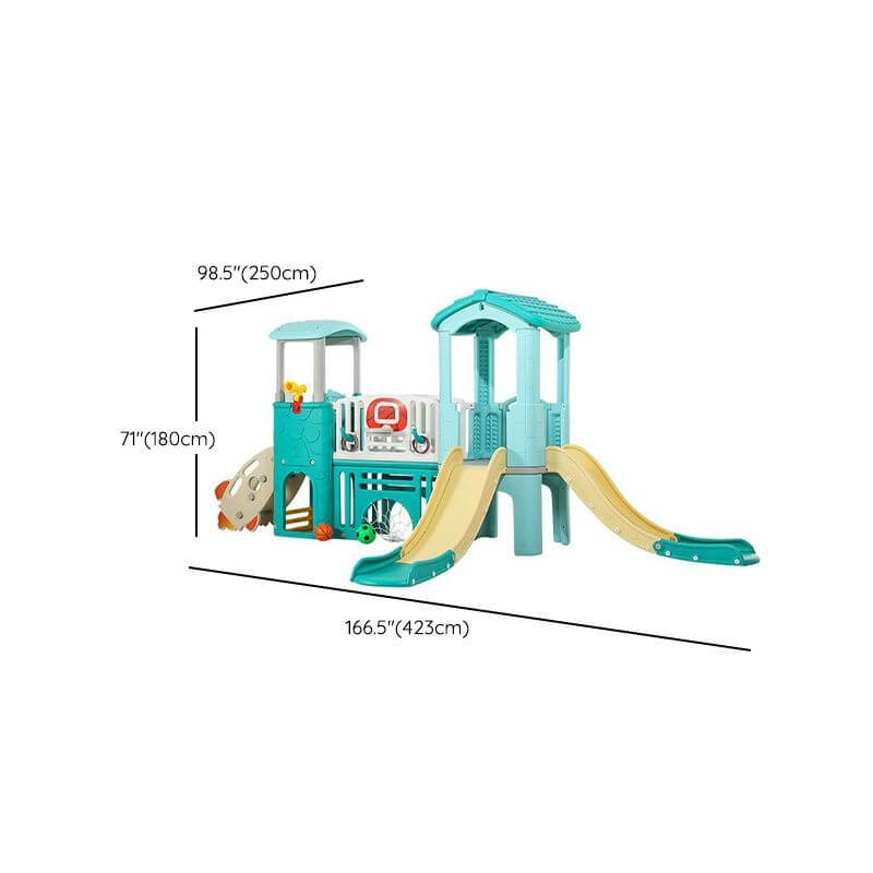 Mint Green Dual-Tower Playset with Basketball Hoop and Twin Slides Dimensions