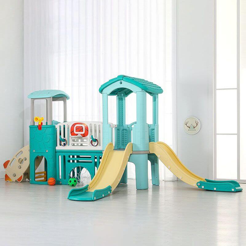 Mint Green Dual-Tower Playset with Basketball Hoop and Twin Slides Main Product Image